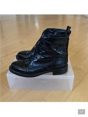 Sam Edelman Nina Black Crocodile Pattern Combat Boots